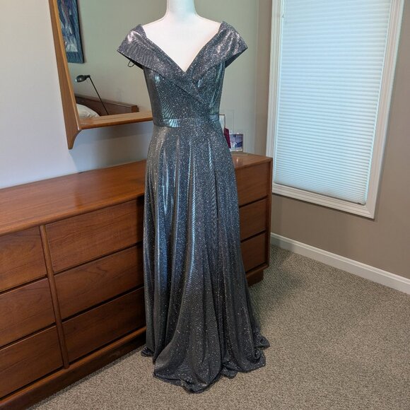 Off the Shoulder V-Neck Gunmetal Silver Sprakly Fit and Flare Gown Dress - Picture 5 of 5